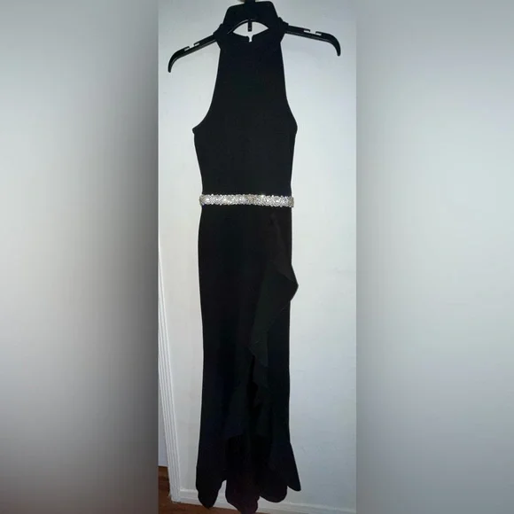 Black Halter Evening Gown w/ Rhinestone Crystal Belt – Formal Maxi Dress - Picture 6 of 7